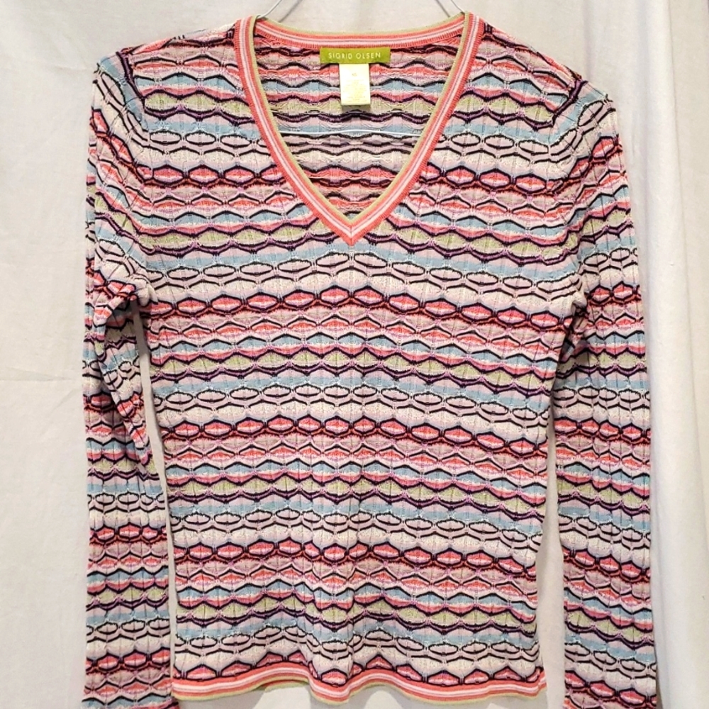 Sigrid Olsen muti color  v neck long sleeve knit